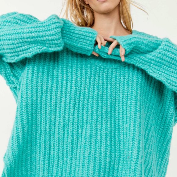 Free People Blue Bell V-Neck Sweater - Electric Teal NWT - Picture 6 of 15